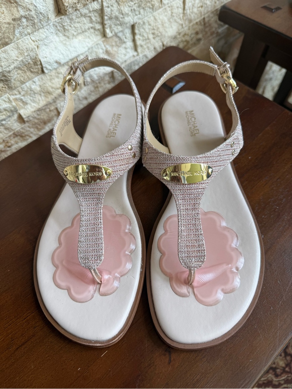 Michael Kors Pink and Gold T-Strap Embellished Sandals